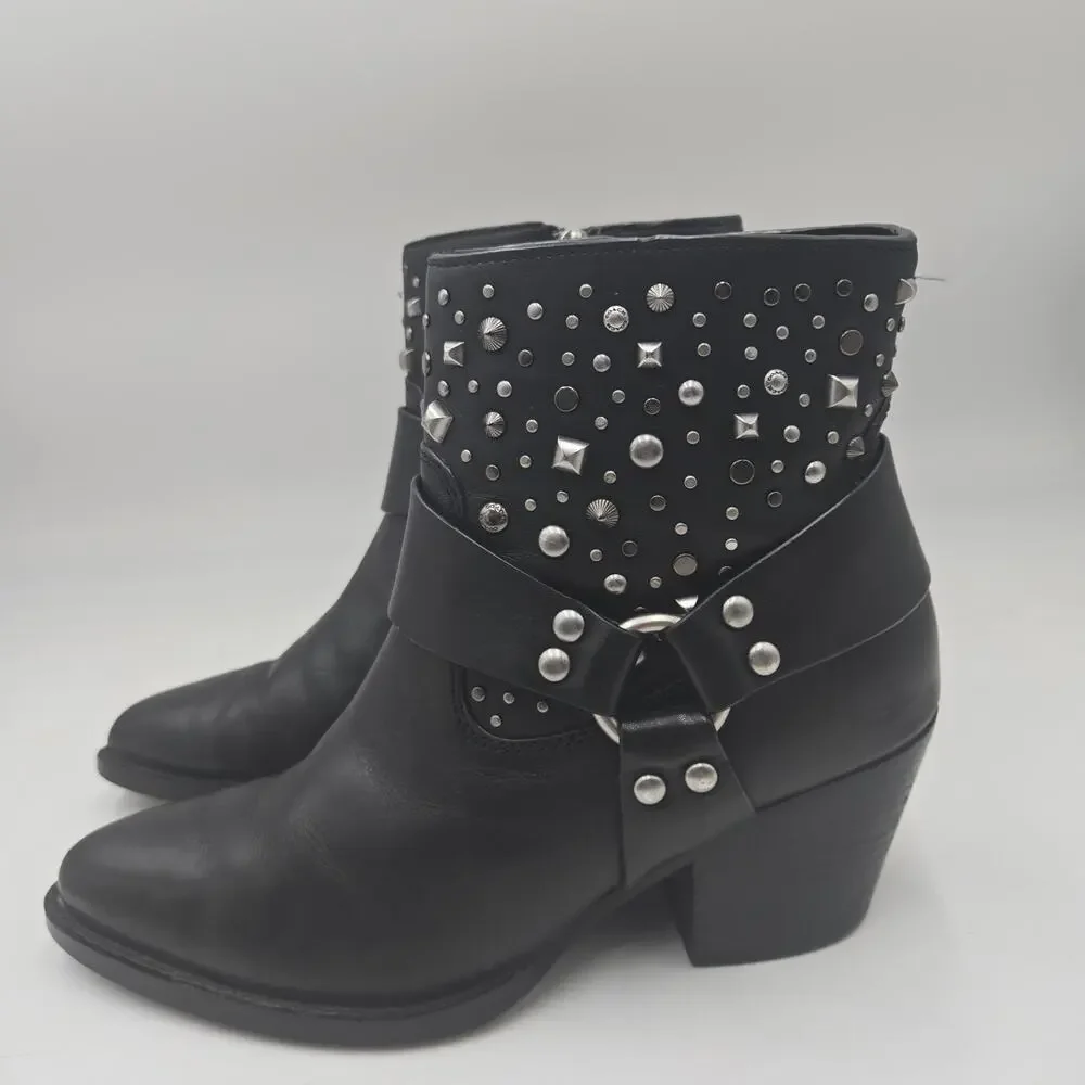 Coach Pia Studded Western Booties Sz 8 Black Leather Harness Booties Biker Rock - Picture 3 of 9
